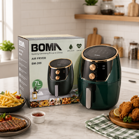 Boma air fryer on a kitchen counter with food and packaging