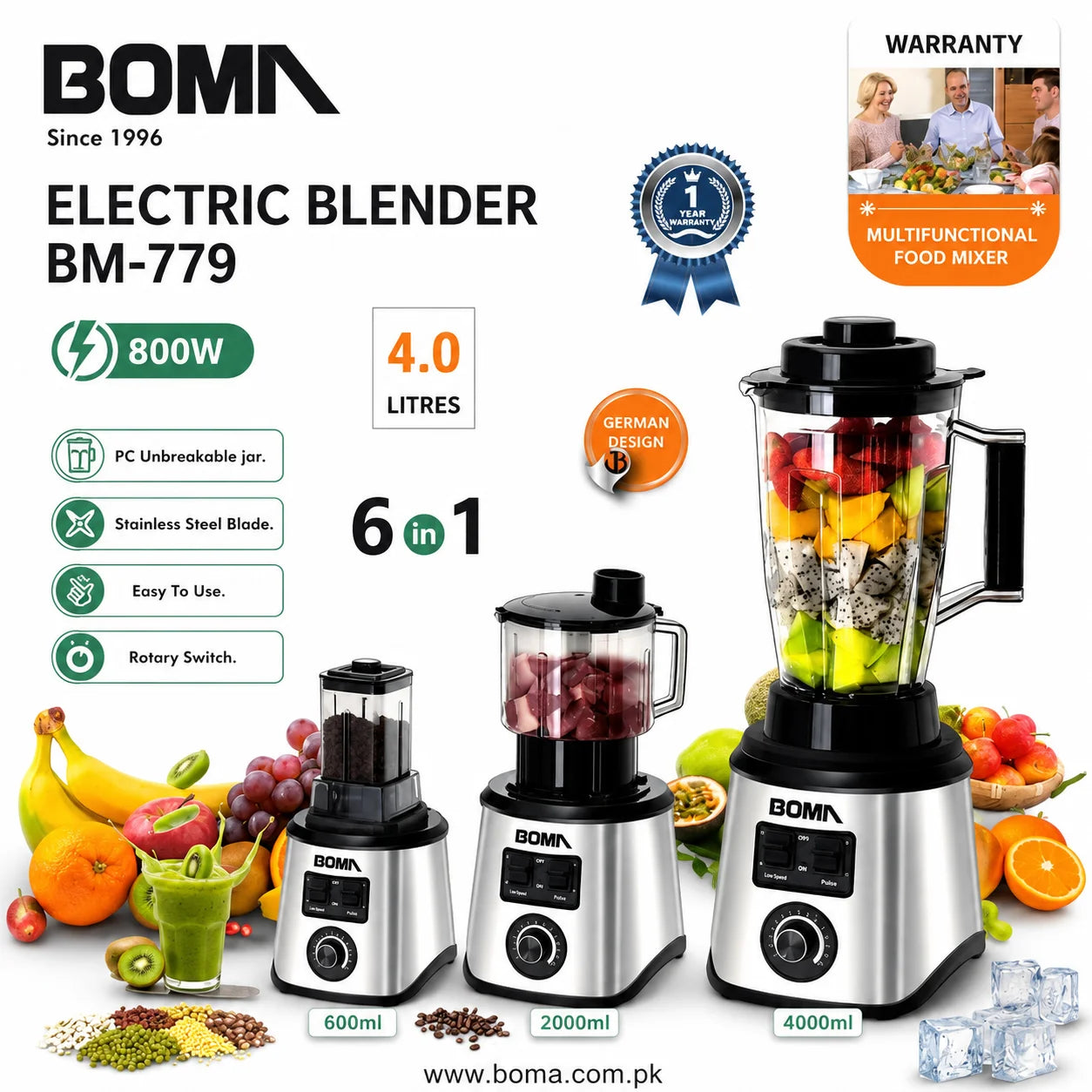 BOMA electric blender with features and specifications on a white background