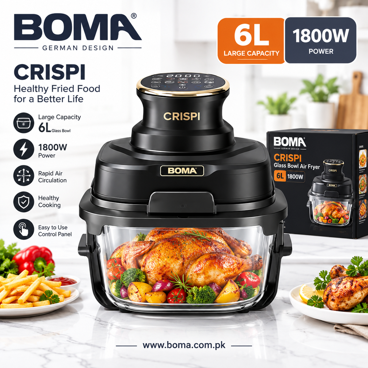 BOMA CRISPI Portable Air Fryer 1800W  6L Glass Bowl Boma Appliances