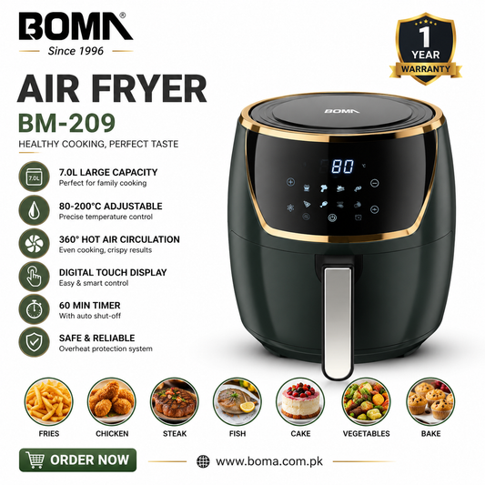 Boma air fryer with features and images 