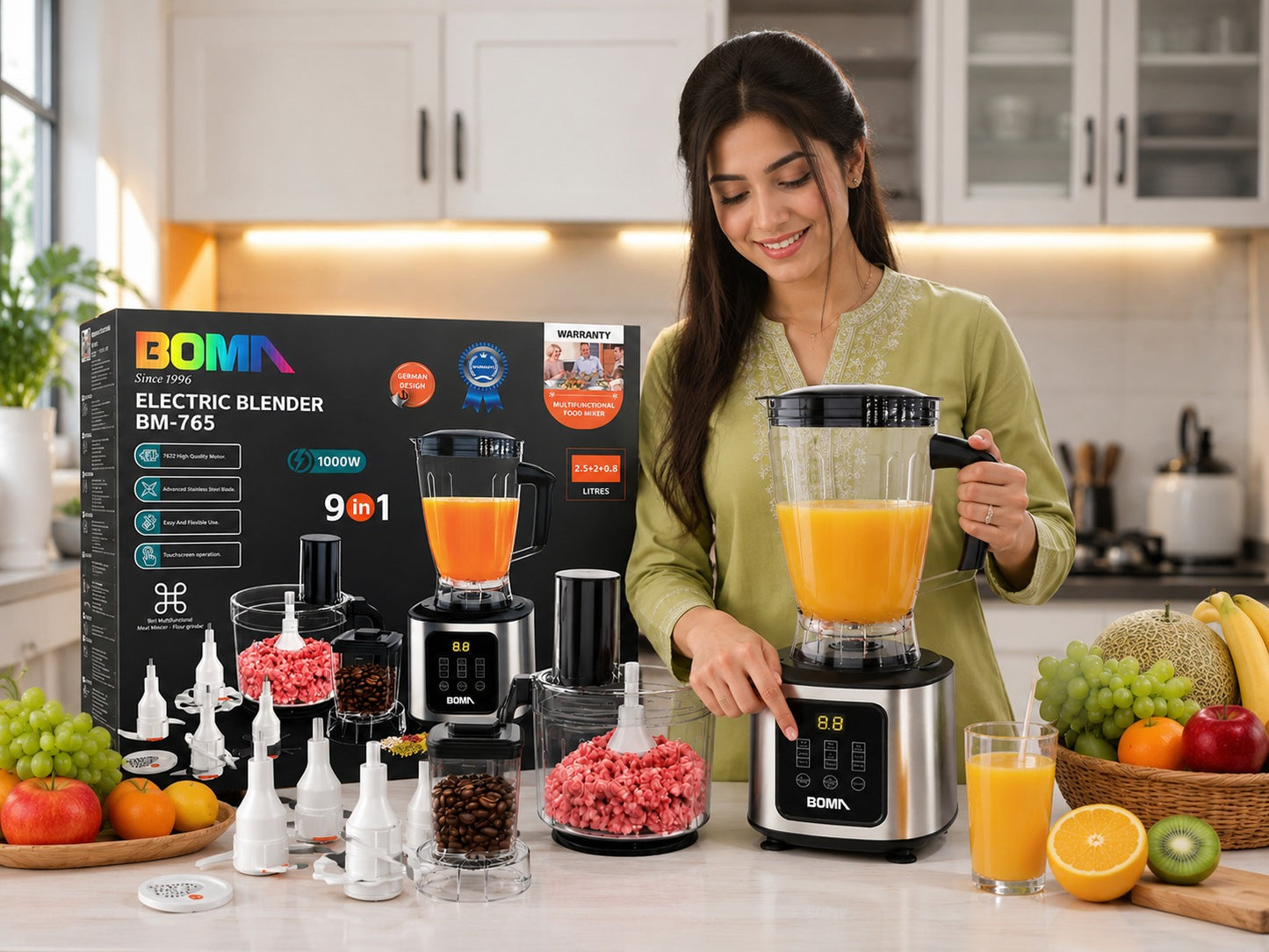 A woman in a green top stands in a bright kitchen using a BOMA electric blender with a clear pitcher filled with orange juice. The countertop displays the blender base, multiple clear blending cups, small accessory bottles, and the black BOMA product box.