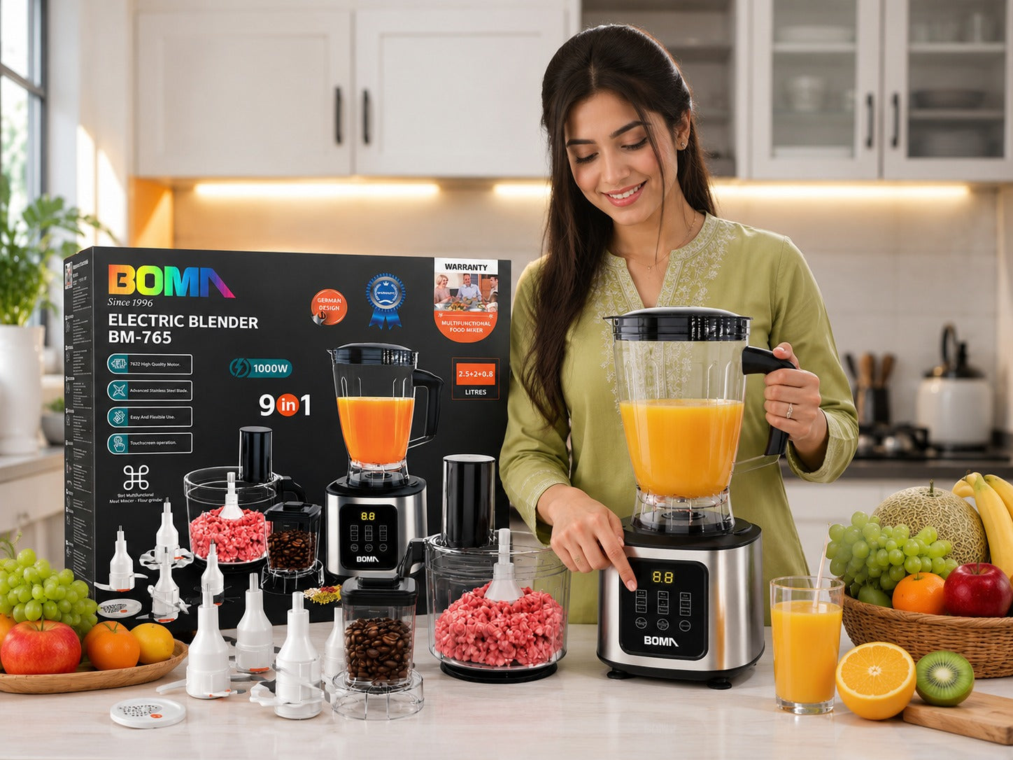 A woman in a green top stands in a bright kitchen using a BOMA electric blender with a clear pitcher filled with orange juice. The countertop displays the blender base, multiple clear blending cups, small accessory bottles, and the black BOMA product box.