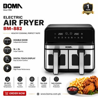 Boma electric air fryer with features and a plate of food on a white background